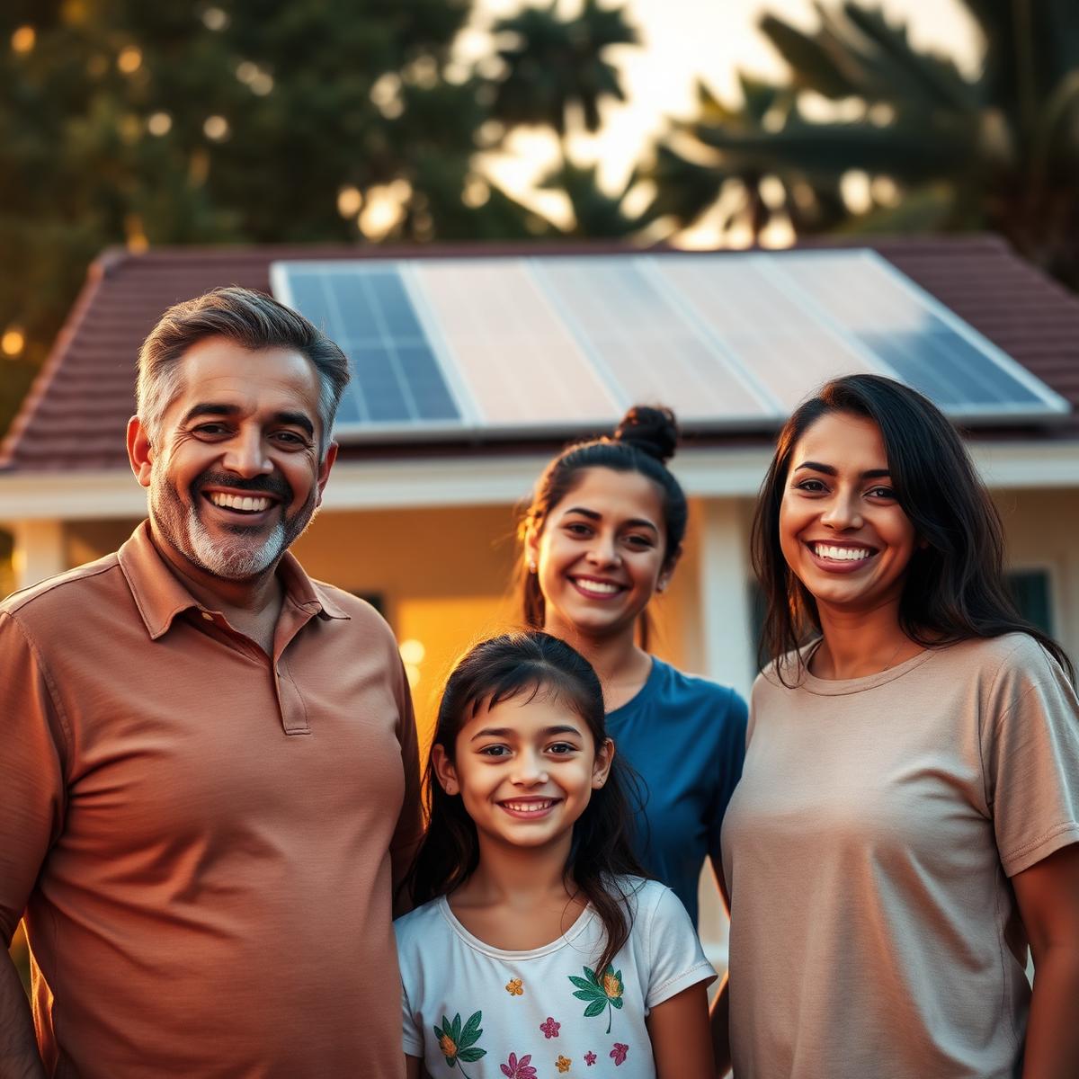 Família brasileira sorrindo em frente à casa com placas solares
